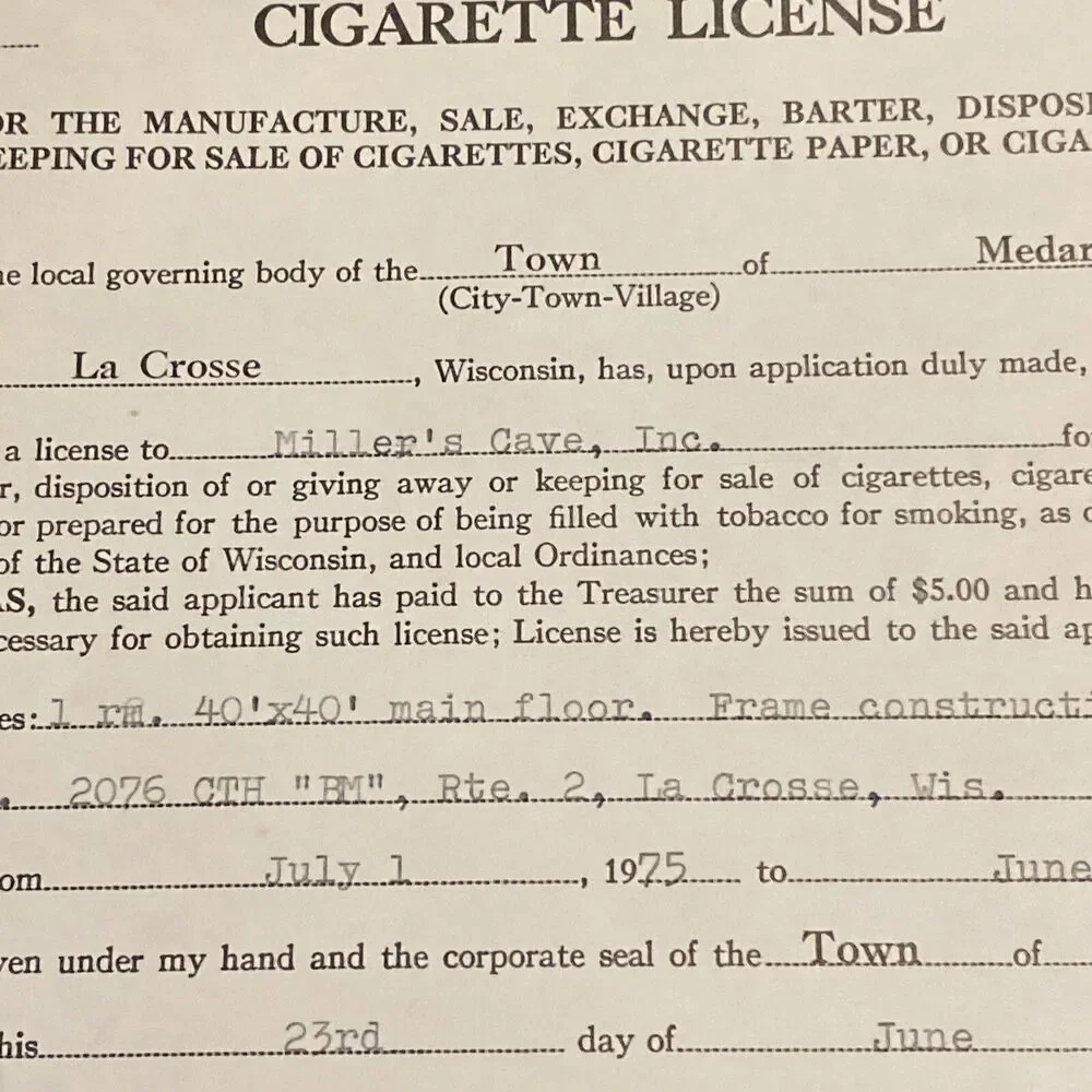 Vintage 1975 Liquor License Cigarette Permit Millers Cave La Crosse WI Ephemera